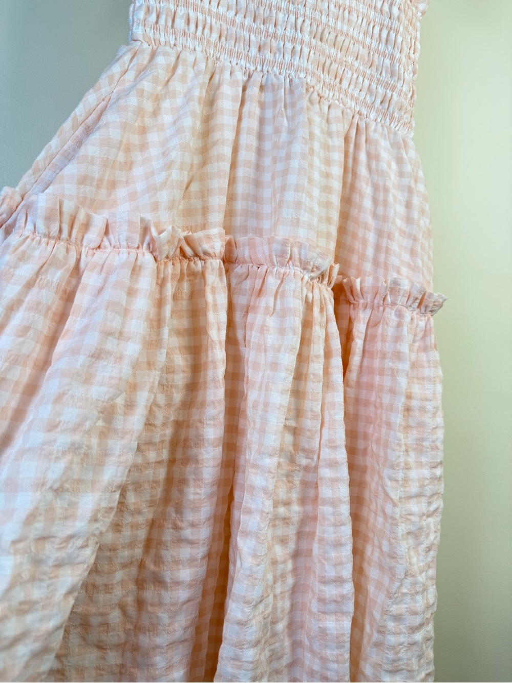 Mable Womens Midi Dress Small Blush Smocked Ruffle Seersucker Plaid Check Boho‎ - Picture 14 of 16